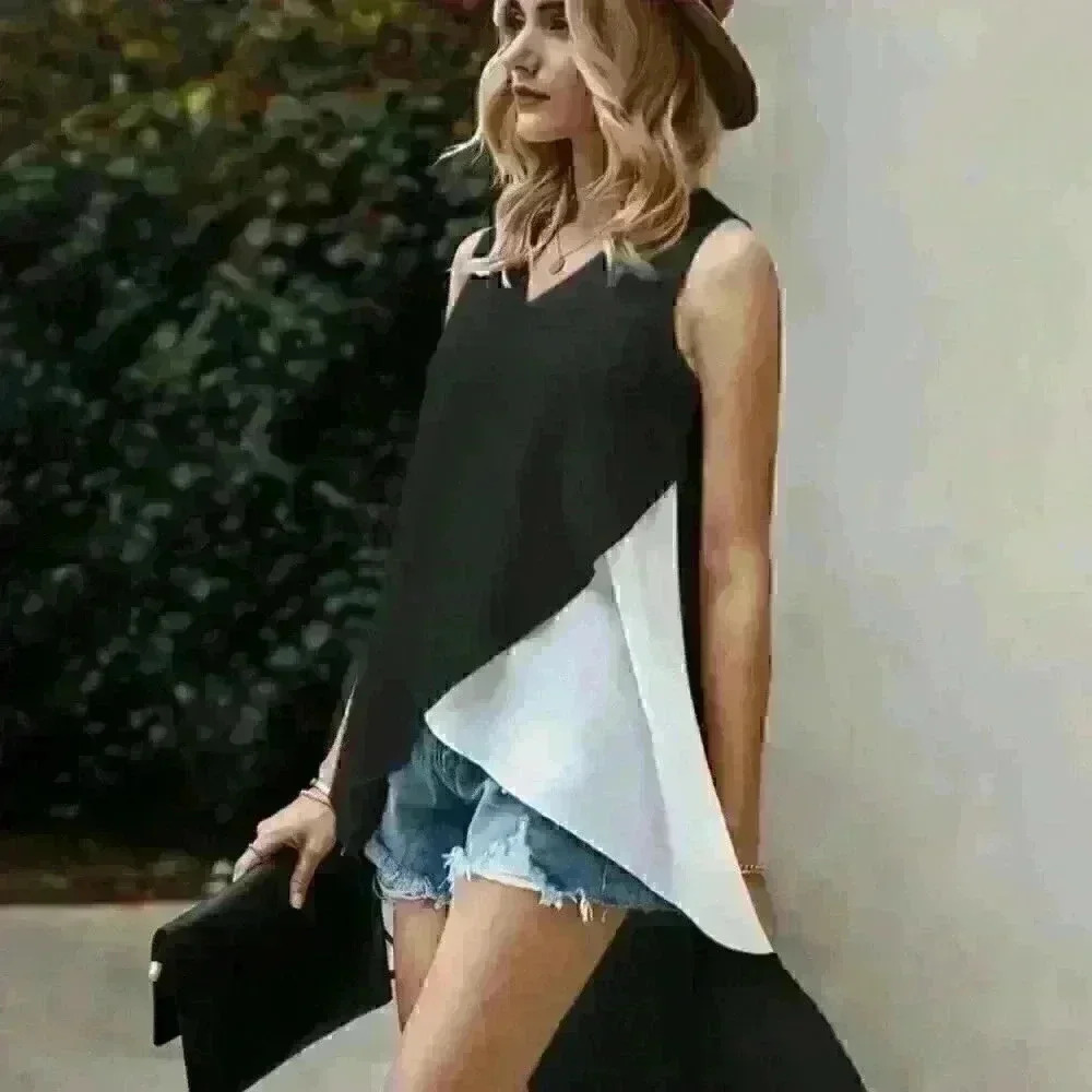 Women's M Black Asymmetrical Choker Neck Sleeveless Blouse Top - Picture 6 of 7